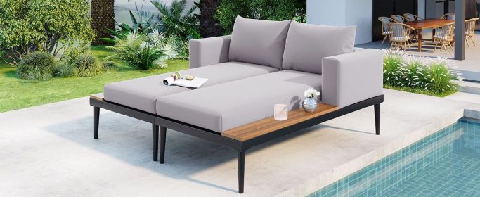 TOPMAX Modern Outdoor Daybed Patio Metal Daybed with Wood Topped Side Spaces for Drinks, 2 in 1 Padded Chaise Lounges for Poolside, Balcony, Deck (Color: AS PIC)